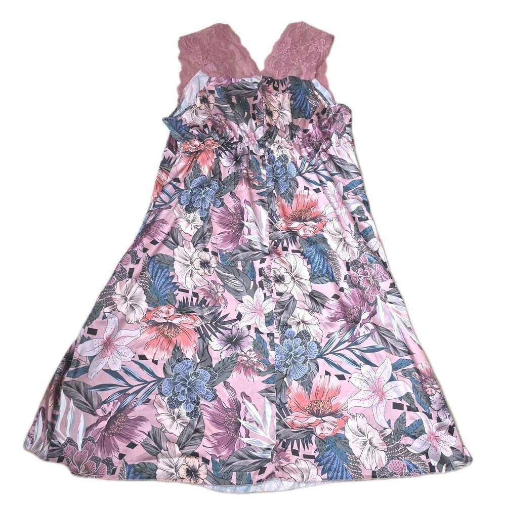 Fitted Styl Romantic Multi-Floral Satin Feel& Lace V-Neck Long Nightgown Size 3X - Picture 8 of 8